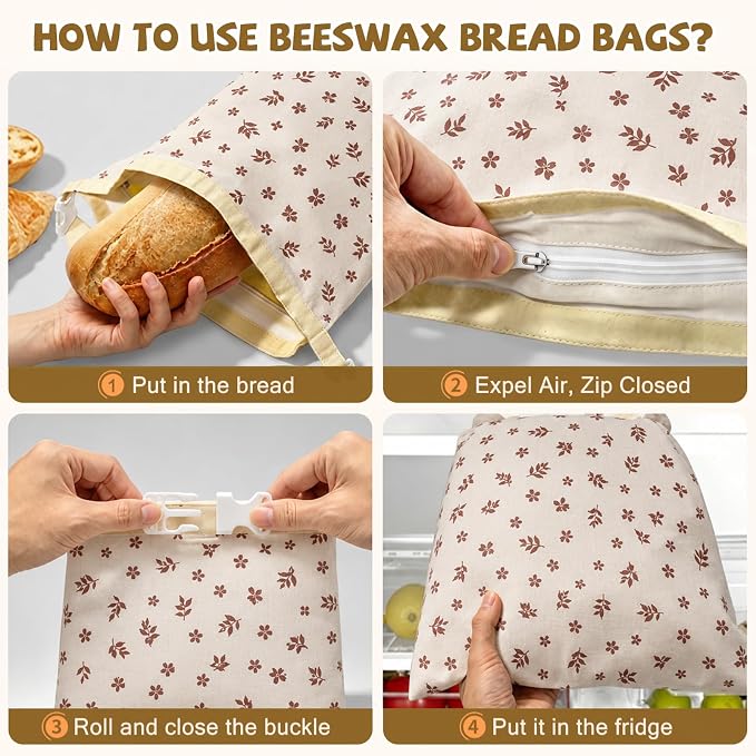 Large Linen Beeswax Bread Bags(2 Pack) Sourdough Bread Bags Reusable Double-Lock Freezer Baking Container Gift Giving for Homemade,Loaf,Sourdough,Food Storage (Vintage Leaf Pattern)