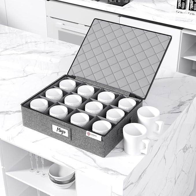 Cup and Mug Storage Boxes with Dividers,Hard Shell Coffee Mug Organizer with Lid,Handles,Zips and Label Window for Coffee Mugs,Tea Cups,Packing and Moving,Hold 12,1 Pack, Grey