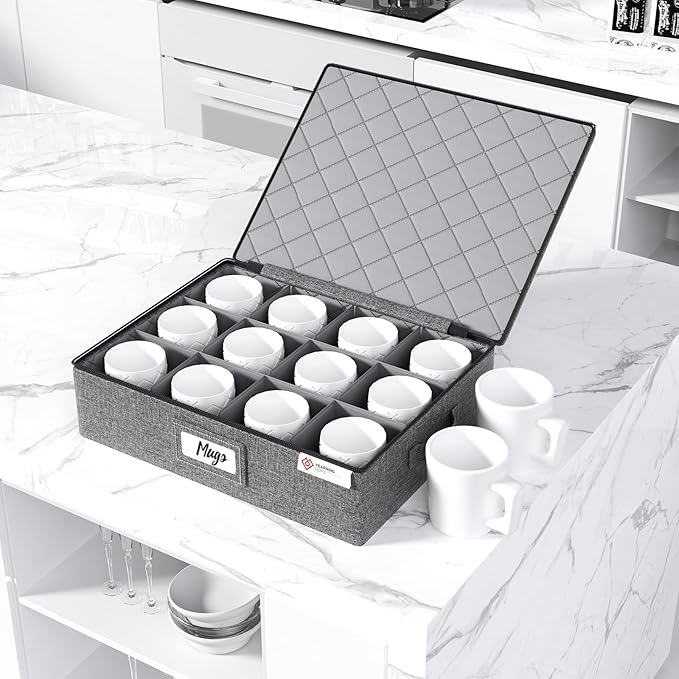 Cup and Mug Storage Box with Hard Shell and Dividers for Coffee Mugs,Tea Cups and Glasses,Stackable Storage Organizers with Lid,Handles,Zips and Label for Moving,Holds 12,2 Pack, Grey
