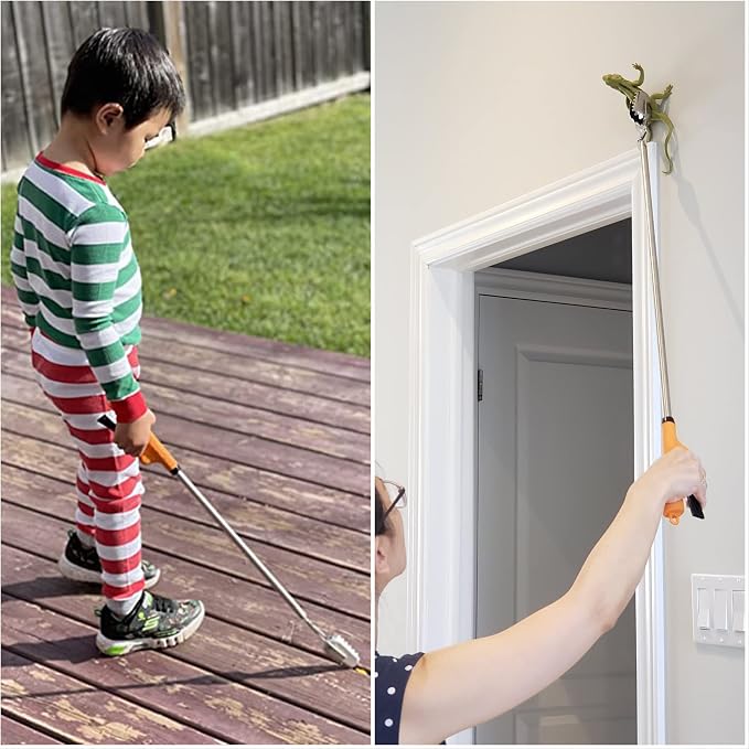 FTH Stainless Steel Grabber Reacher Pickup Tool Heavy Duty Trash Picker 31" | Log BBQ fireplace pits snake tongs plogging tool no wire design outdoor yard cleanup litter picker leaves branches sticks