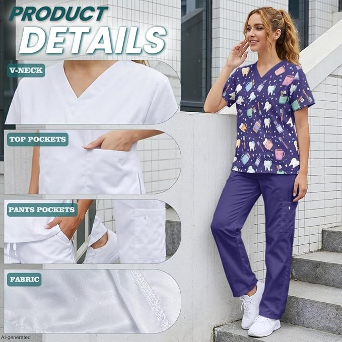 Gomyblomy Women's Scrubs Suit 3-Piece Set | Teeth Print V-Neck Top & Pants & Cap, Breathable and Stretch Fabric, S-5XL