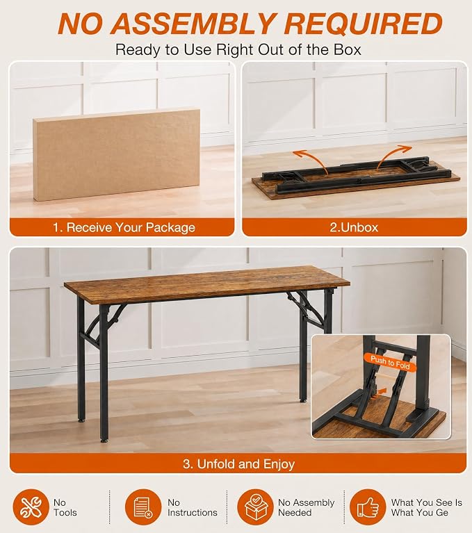 XBurmo Folding Desk Foldable Table, No Assembly 55.1" Foldable Desk Space-Saving Workstation for Small Space, Computer Table, Flat Storage for Home Office, Bedroom, Dorm, Study Room, Rustic Brown