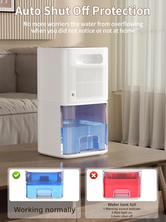 Dehumidifier, 60 OZ Water Tank, Dehumidifiers for Home, 500 sq. ft. Dehumidifier for Basement Bathroom Bedroom with Auto Shut Off, 7 Colors LED Light, Quiet Dehumidifiers with Sleep Mode (White)