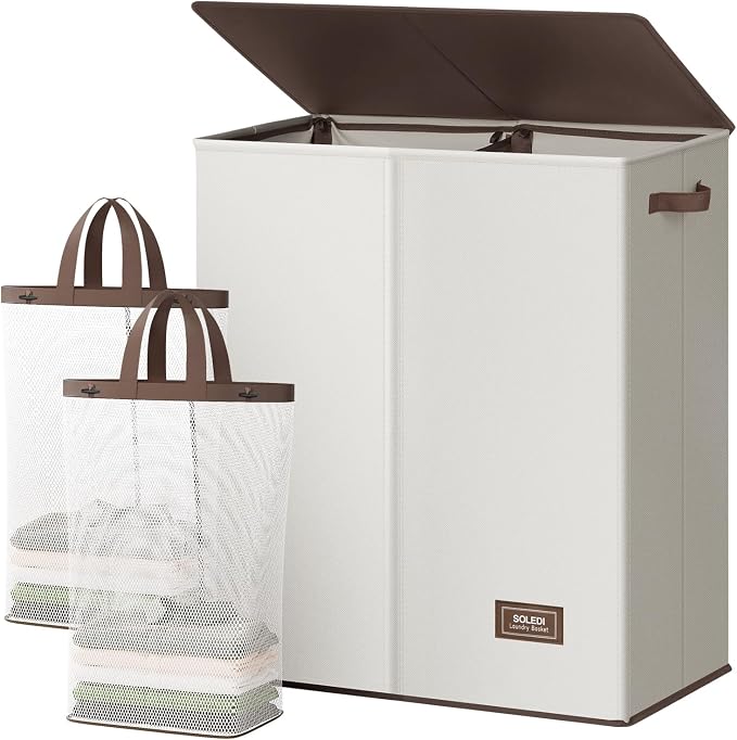 SOLEDI Luxury Double Laundry Hamper with Lid and Removable Bags, 38.3 Gal Large Laundry Bin, Laundry Basket 2 Sections, Collapsible Clothes Hamper for Bedroom, Laundry Room, Bathroom, Off-white