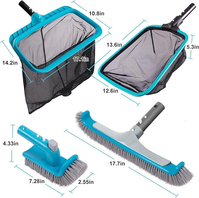 Sepetrel 4-Piece Pool Cleaning Kit, 17.5" Curved Wall Brush, Rotatable Hand Scrubber, Deep Bag Leaf Rake and Flat Skimmer Net (Pole Not Included) for Above Ground and Inground Pools