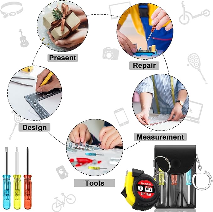 Jutom 18 Pcs Mini Tape Measure Keychain Bulk Mini Screwdriver Keychain Set Adult Tool Party Prize for Father's Men Gifts