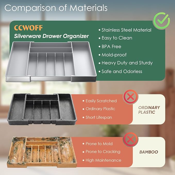 Heavy Duty Stainless Steel Frame Silverware Organizer with Plastic Body, Extra Large Silverware Drawer Organizer, 9 Slot Expandable Kitchen Drawer Organizer, 8 Non-Slip Feet Included, BPA Free, Gray