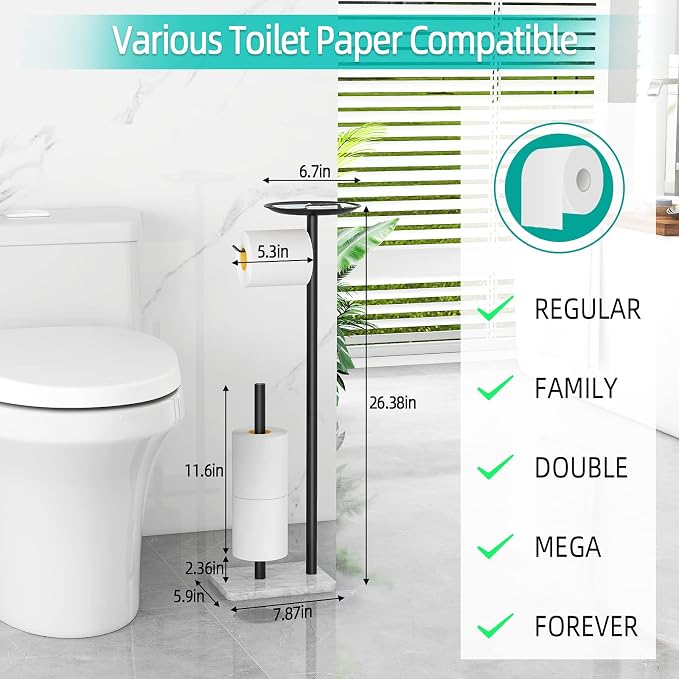 FEILERN Toilet Paper Holder Stand for Bathroom Floor Standing Toilet Roll Dispenser Storages 4 Reserve Rolls, with Top Storage Shelf for Cell Phones, Wipe, Wallet and More(Marble Black)