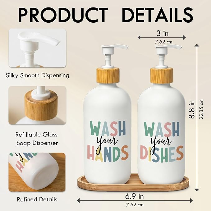 Boho Kids Hand and Dish Soap Dispenser Set, Wash Your Hands & Dishes Glass Soap Dispenser, Hygiene Instruct Colorful Refillable Handsoap Pump Bottle for Bathroom Countertop Kitchen
