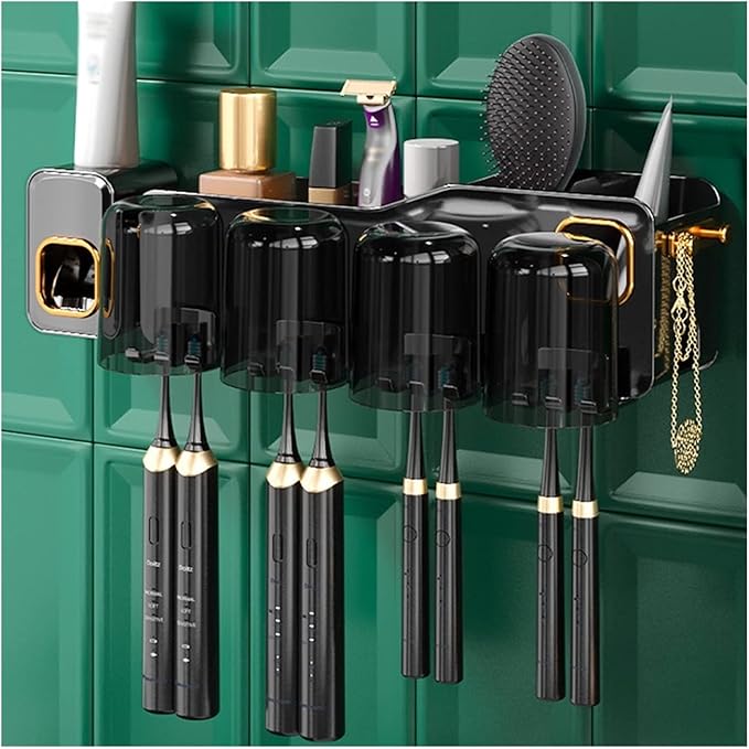 Toothbrush Rack 2PCS Wall Mounted Bathroom Toothbrush Holder for Makeup, Shaver Storage Rack, with Mouthwash Cup, Toothpaste Squeezer Kit Bathroom Toothbrush Holder(A)