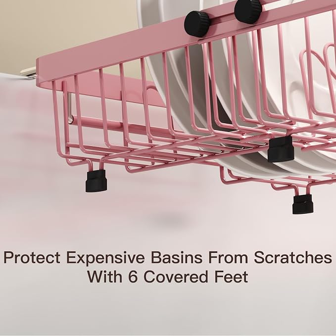 Pink Dish Drying Rack Over The Sink with Utensil Holder | Expandable Stainless Steel Dish Drainer for Small Kitchen, Apartment, RV, Counter Space Saving, Perfect Fit, Rustproof