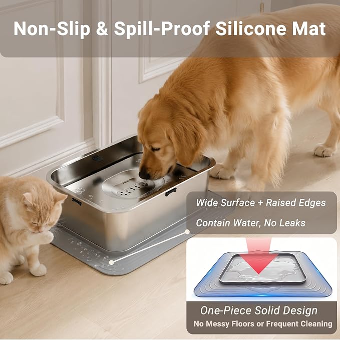 15L/3.96Gal No Spill Dog Water Bowl, Non-Slip Mat for Large Dogs | Spill Proof Water Bowl with 304 Stainless Steel Floating Disk, Slow Drinking Pet Bowl for Messy Drinkers, Indoor/Outdoor