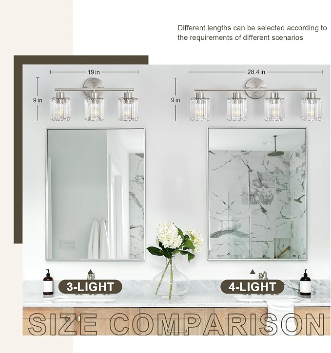 Crystal Bathroom Light Fixtures, Bathroom Lighting Fixtures Over Mirror, Modern 4-Light Brushed Nickel Vanity Lights for Mirror, Restroom, Kitchen(Ceramic E26 Socket,Bulbs Not Include)