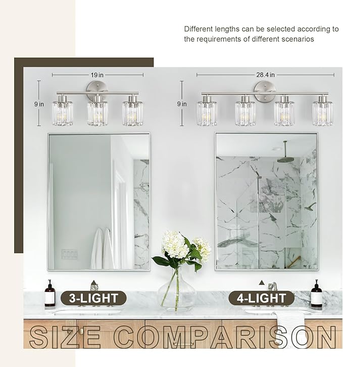Crystal Bathroom Light Fixtures, Bathroom Lighting Fixtures Over Mirror, Modern 3-Light Brushed Nickel Vanity Lights for Mirror, Restroom, Kitchen(Ceramic E26 Socket,Bulbs Not Include)