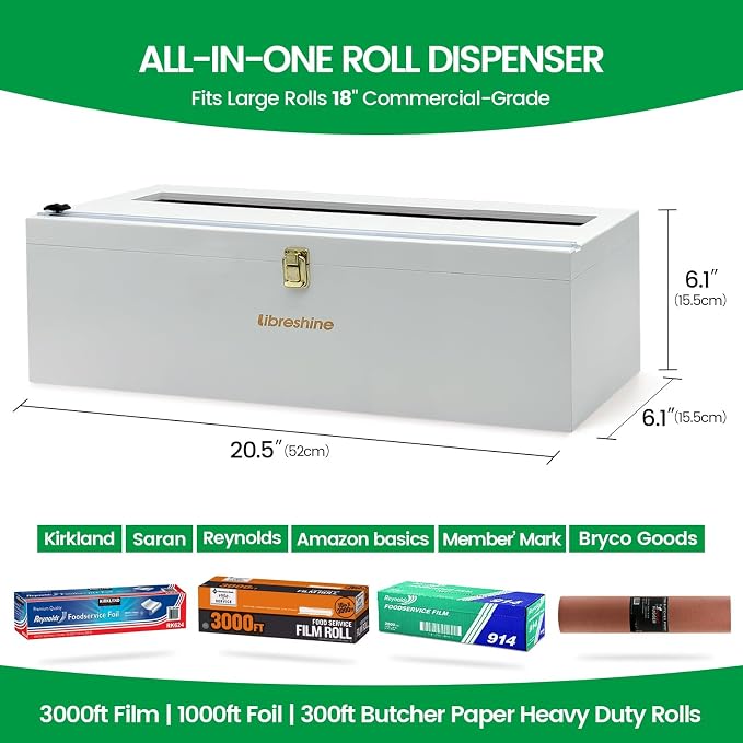 Libreshine White 18 Inch Plastic Wrap Dispenser with Slide Cutter & Roller, Heavy Duty Bamboo Commercial Film Wrap Holder for 3000ft Food Service Cling Film, 1000ft Foil, Butcher/Freezer/Kraft Paper