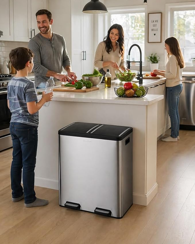 Step N' Sort The 18.5 Gallon Extra Large Capacity, Soft-Step, Dual Trash and Recycling Bin with Removable Inner Bins, Silver