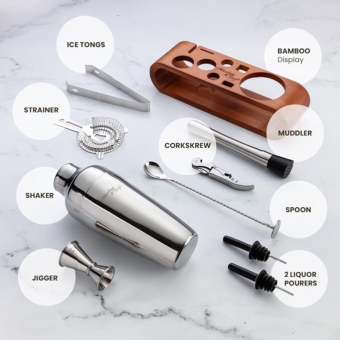 Mixology & Craft Cocktail Shaker Set with Dark Bamboo Stand - Professional 10-Piece Bartender Kit - Complete Bar Set & Cocktail Mixer Kit for Home (Silver)