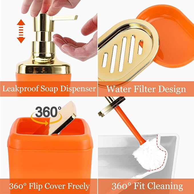 XLHOMO Orange Bathroom Accessories, 24 Pieces Orange and Gold Bathroom Accessories Set with Shower Curtain, Bath Towels, Trash Can, Soap Dispenser and Soap Dish for Bathroom/Housewarming