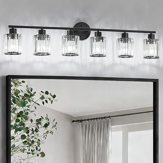 Crystal Bathroom Light Fixtures, Bathroom Lighting Fixtures Over Mirror, Modern Black Gold 5-Light Vanity Lights for Mirror,Restroom, Bedroom (Ceramic E26 Socket,Bulbs Not Include)