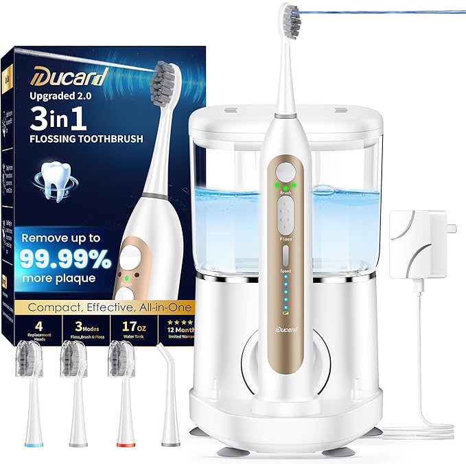 3-in-1 Electric Toothbrush with Water Flosser, Upgraded Flossing Toothbrush with 5 Speeds & 3 Modes, 30 Days/Charge for Teeth Cleaning and Plaque Removal, Sensitive Teeth & Dental Implants