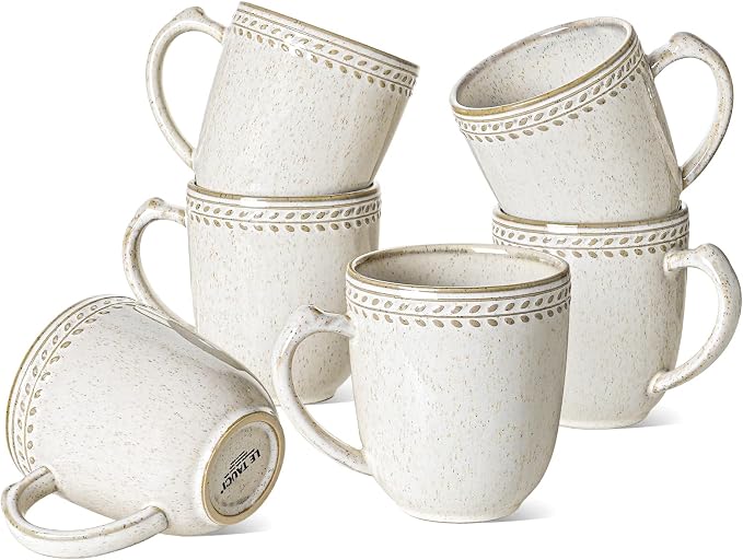LE TAUCI Coffee Mugs 18 oz,Ceramic Mug Set, Embossment Cups for Latte, Hot Tea, Cappuccino, Mocha, Cocoa,Suit For Housewarming Wedding- 3.9 inch, Set of 6, Birch