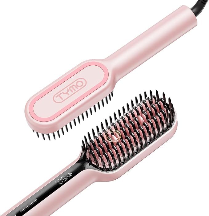 TYMO Hair Straightener Brush, Upgraded Ionic Compact Straightening Brush for Women with Wave-Design Bristles, Fast, Smooth Styling, Lightweight Hot Comb & Travel Flat Iron, 1 Billion Ions, Pink