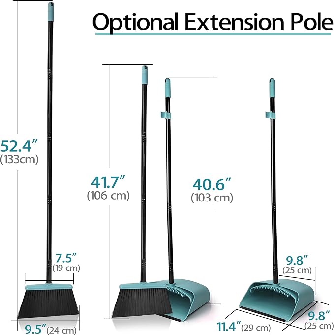 JEHONN Broom and Dustpan Set for Home Room Kitchen Office, Long Handle Lightweight 180 Degree Rotating Broom, Upright Standing Dust Pan with Comb Teeth