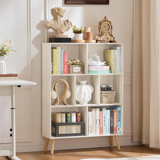 LEYAOYAO Cube Bookshelf, Mid-Century Modern Book Shelf with Legs,Light Grey | 3 Tier Bookcase, Rustic Wood Bookshelves Freestanding Small Storage Organizer, Open Shelves for Bedroom, Living Room, Office