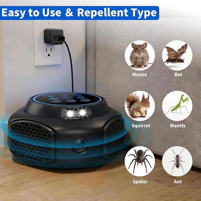 Ultrasonic Mouse Repellent Pest Control Repeller, Mouse Traps for Rodent, Mice, Ant, Rat, Squirrel, Bug, Roach, Bat, Rat ＆ Mice Repellent Device for House Plug in Indoor for Home 2Pack Black