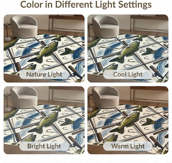 2'x3' Washable Area Rug Bass Angler Hook Lure Frame Tackle Motif Border Fish Fishing Refined Structured for Bedroom, Nursery, RV, Pet Friendly & Kids Safe Bedside