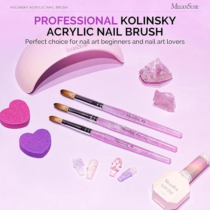 MelodySusie Kolinsky Acrylic Nail Brush,66% Kolinsky Hair Professional Nail Art Brush for Acrylic Application, Aurora Collection Fine Glitter Brush, Purple, Size 10