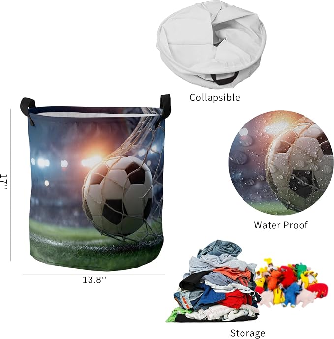 Collapsible Laundry Basket 42L, Football Storage Bin Laundry Hamper with Handles, Goal Net Soccer Sports Orange Blue Green Waterproof Clothes Baskets for Bathroom/Bedroom 13.8 x 17 In
