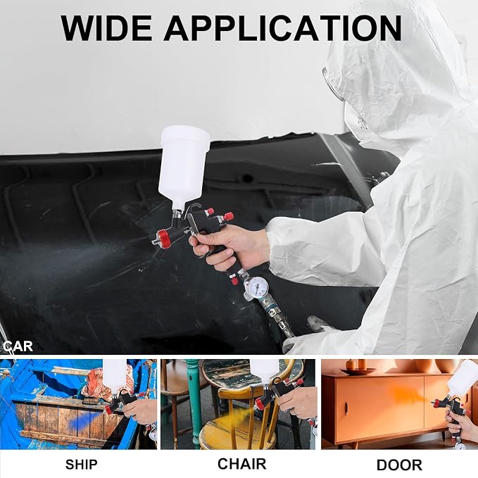 R500 Lvlp Air Spray Gun Kit, 4 Nozzles, 600Ml Cup | Nickel-Plated Body, Adjustable Spray Pattern, 1.5-3 Bar, Pressure Gauge, For Auto, Furniture And Home Painting