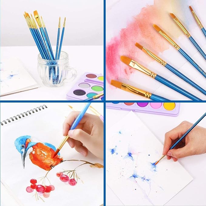 Acrylic Paint Brush Set, 1 Packs / 10 pcs Watercolor Brushes Painting Brush Nylon Hair Brushes for All Purpose Oil Watercolor Painting Artist Professional Kits