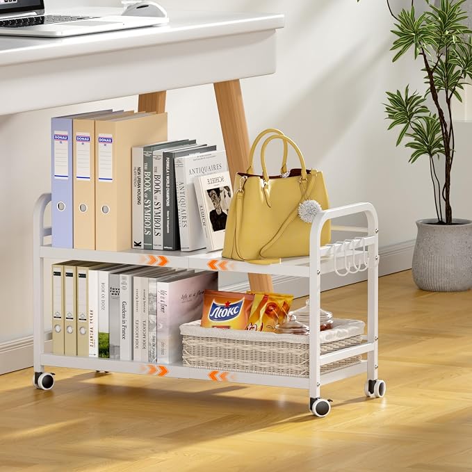 DAOUTIME 2-Tier Expandable Rolling Cart, Pantry Storage Cart with Wheels, Adjustable Rolling Pantry Floor Organizer, Metal Under Desk Cart, Sturdy Can Storage & Snack Organizer for Kitchen Pantry
