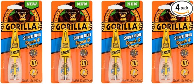 Gorilla Super Glue with Brush & Nozzle Applicator, 10 Gram, Clear, (Pack of 4)