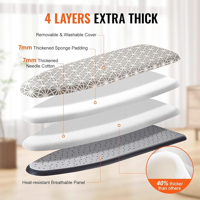 VEVOR Ironing Board with Large 43 x 13 Ironing Surface, Thickened 4 Layers Iron Board with Heat Resistant Cover and 100% Cotton Cover, 7 Adjustable Heights Ironing Board for Home Laundry Room Use