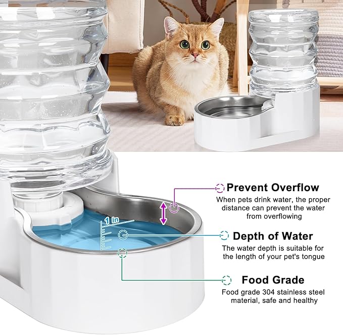 RIZZARI 5L Gravity Cat Water Dispenser: Filtered for Small Pets | Reduced Refills / Stainless Steel Bowl / Anti Splash Base /BPA-Free Materials/ Easy Cleaning / Kitchen Living Room Use