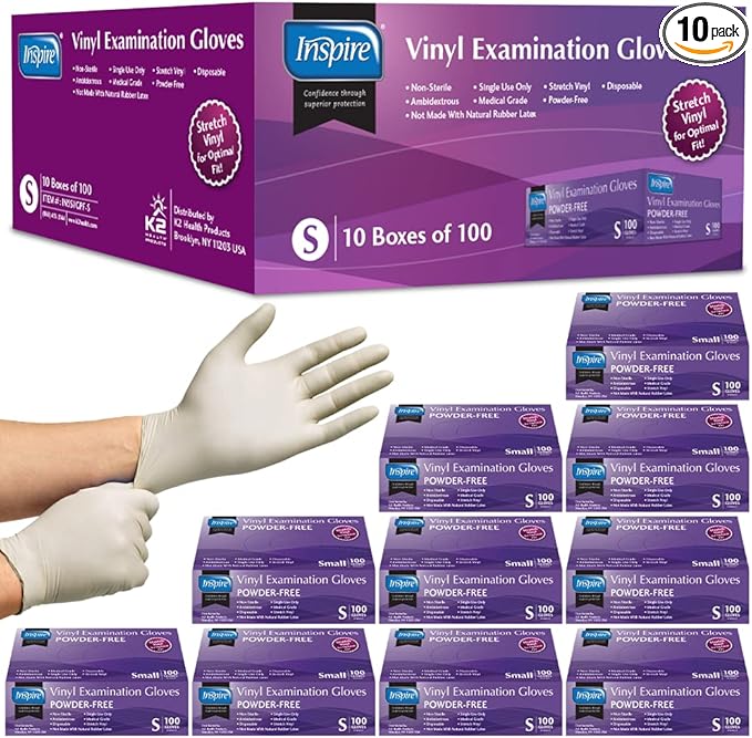 Inspire Stretch Vinyl Exam Gloves | THE ORIGINAL Quality Disposable Latex Free Medical Glove Cleaning Cooking Food Service Labs Healthcare and Household Small, 1000 Count