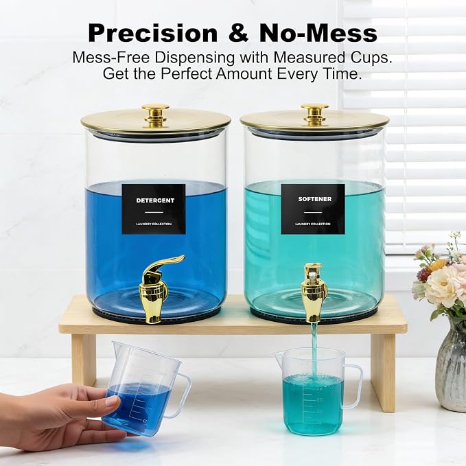 Glass Laundry Detergent Dispenser for Laundry Room Organization-Gold | 1 Gallon Large Liquid Soap Dispenser with Black Metal Lid & Leak-Proof Spigot, 1 Measured Cups, 1 Silicone Mats & 9 Labels
