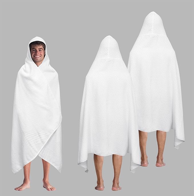 COTTON CRAFT Hooded Bath Towel for Adults – 2 Pack 100% Cotton Bath Sheet | Waffle Weave Oversized 35x70 inch Ringspun Terry Bath Wrap with a hood - Soft Super Absorbent Quick Dry – 450 GSM – White