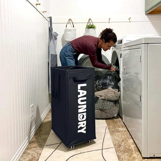 CHICVITA Laundry Hamper with Wheels & Removable Wash Bags -2 Pack, 75L Tall Laundry Basket for Dorms, Large Collapsible Hamper for Corner Spaces - Black