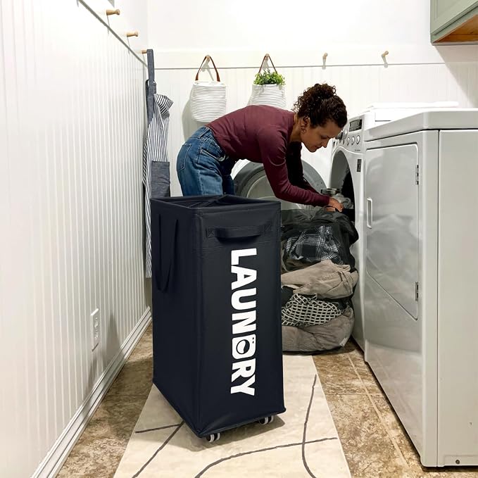 CHICVITA 75L Slim Laundry Hamper with Wheels and Removable Wash Bag, Black Rolling Basket with Handle for Laundry Room