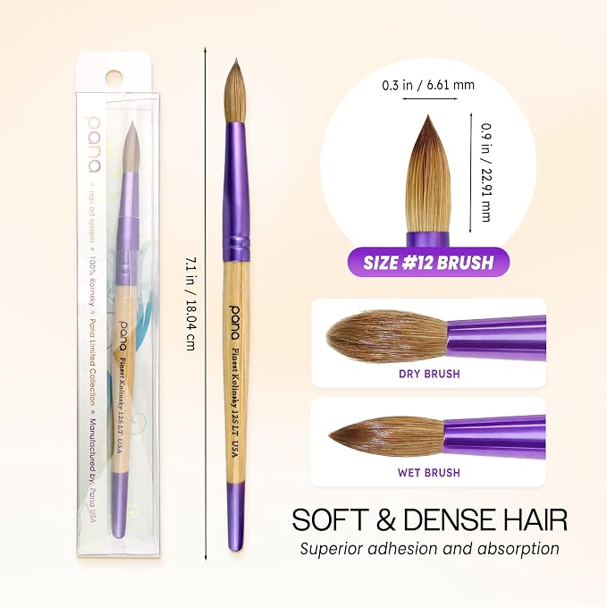 Pana USA Acrylic Nail Brush100% Pure Kolinsky Hair New LIMITED EDITION BEIGE PURPLE Wood Handle with Purple Ferrule Round Shaped Style (Size # 12)