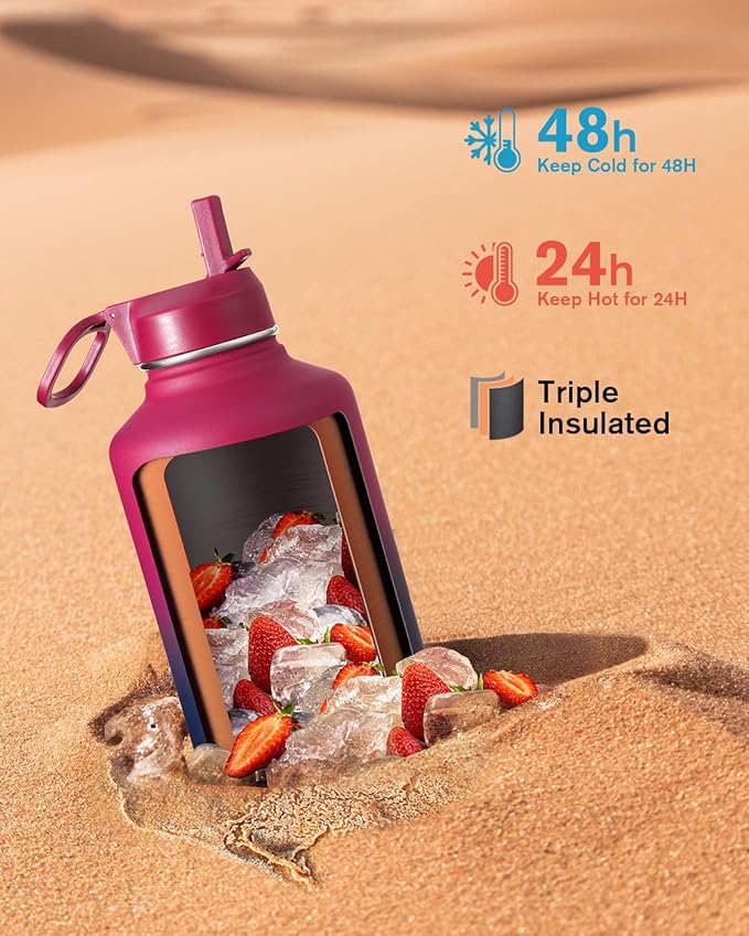 Half Gallon Water Bottle Insulated with Straw & 3 Lids, Coolflask 64 oz Water Jug Large Metal Stainless Steel Wide Mouth for Sports, Gym or Office, Non-BPA Keep Cold 48H Hot 24H, Ombre Wine/Navy
