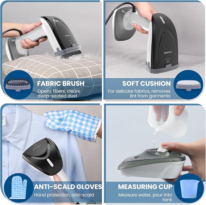 Powerful Handheld Fabric Steamer - 1800W with Fast Ceramic Heat-Up Plate, 2-in-1 Ironing & Wrinkle Remover, Steam Nozzle, Lint Brush - White, for US 120V Only