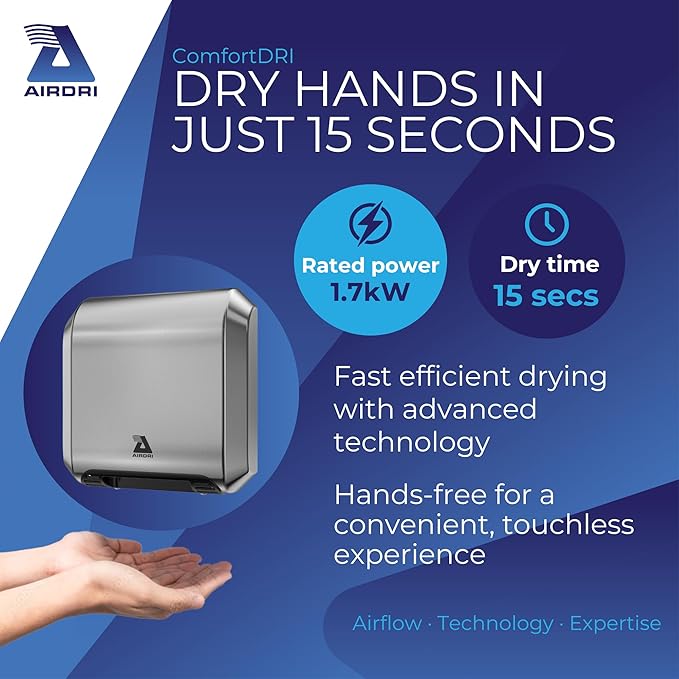 ComfortDRI Automatic Warm Air Hand Dryer - 1.7kW Low Noise Motor - 15-Second Dry Time - 67dBA Noise Output - ADA Compliant - Ideal for Small Workplaces - Stainless Steel