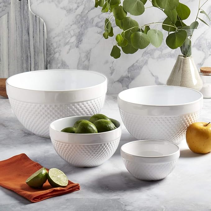 Tabletops Gallery Hobnail Style 4 Piece Classic White Stoneware Nesting Mixing Bowl Set for Baking and Cooking