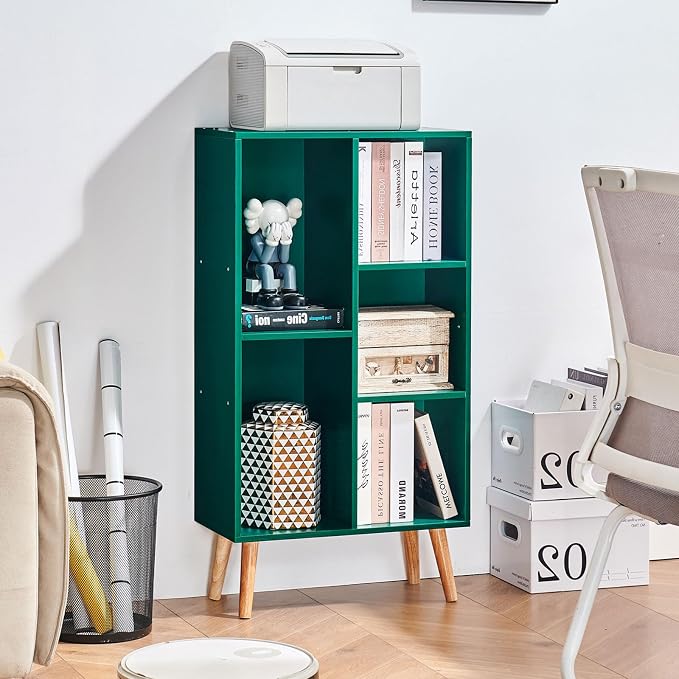 LEYAOYAO 5 Cube Bookshelf,Mid-Century Modern Bookcase with Legs,Dark Green | 3 Tier Book Shelf,Rustic Wood Bookshelves Freestanding Small Storage Organizer, Open Shelves for Bedroom, Living Room, Office