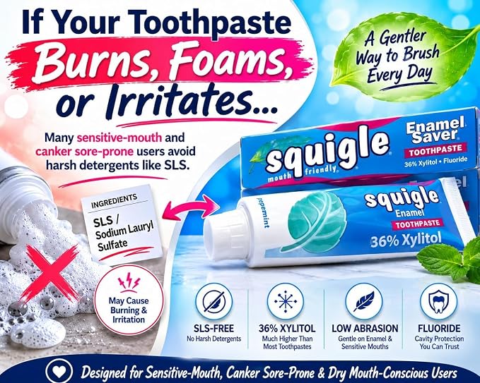 Squigle Enamel Saver Toothpaste (Canker Sore Prevention & Treatment) Prevents Cavities, Perioral Dermatitis, Bad Breath, Chapped Lips - 4 Pack